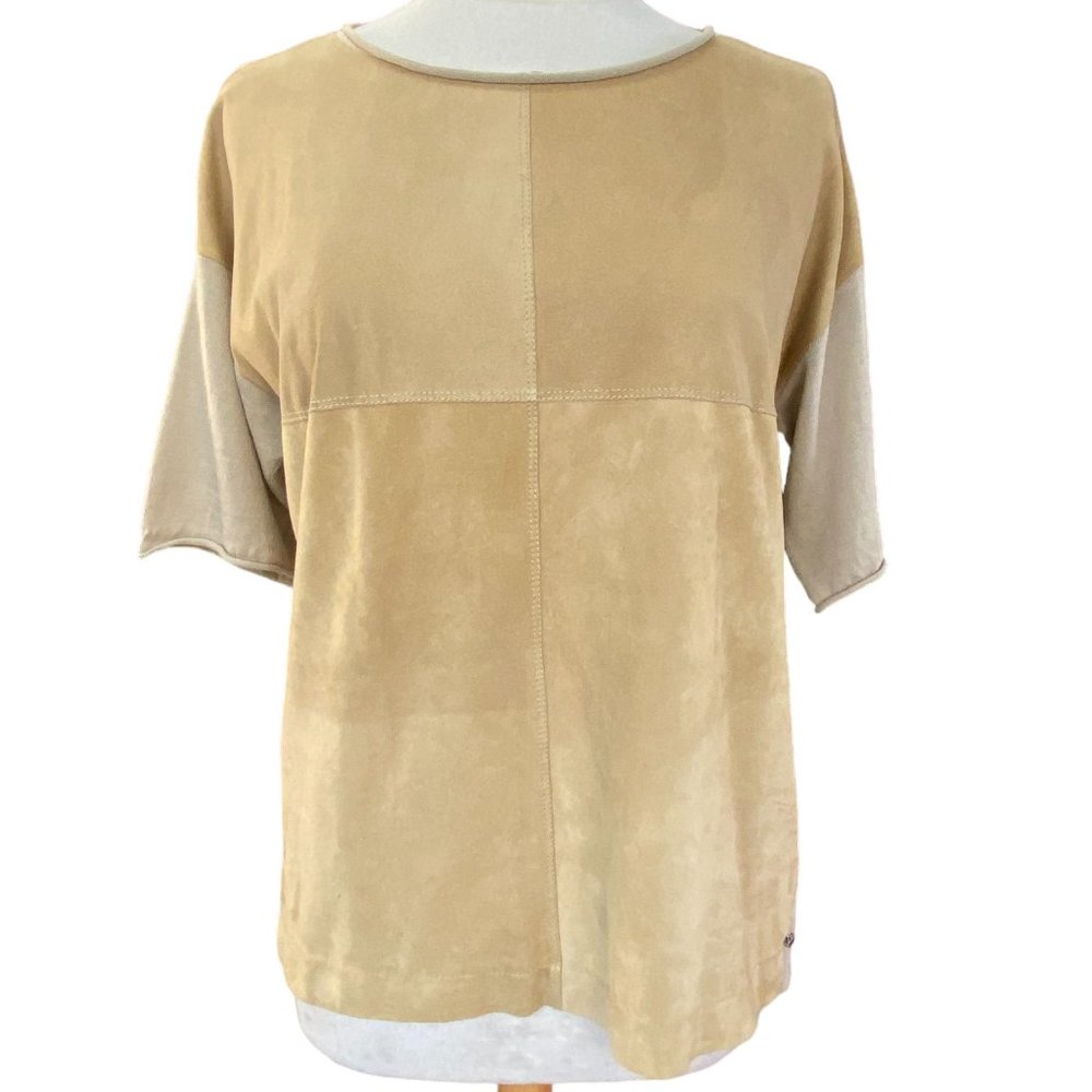 Lafayette 148 Camel Suede Leather Block Front Knit Back Quiet Luxury Chic Top-M